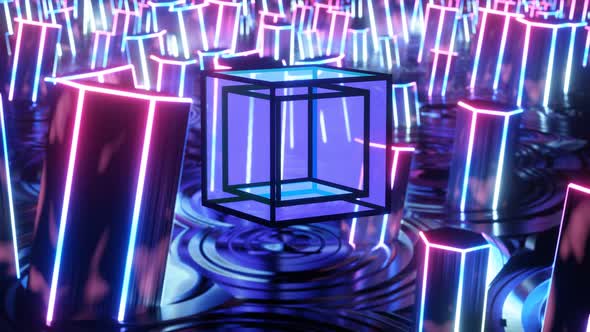 Floating Shimmering Cube Above the Iridescent Pillars