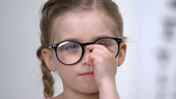 Adorable Smiling Girl Adjusting Eyeglasses, Smart Kid, Female Pupil, Education