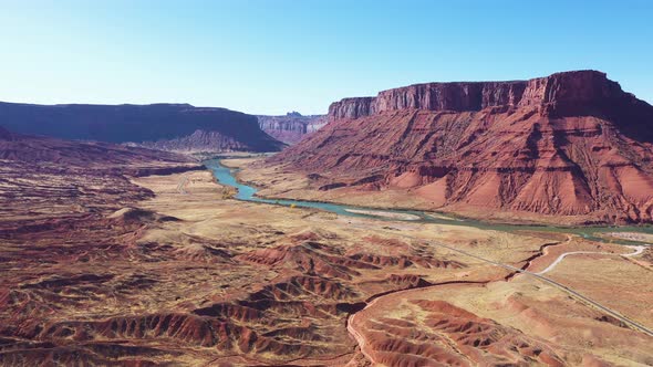 Colorado River In Canyon With Red Rock Aerial Forward