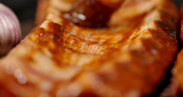 Raw Ribs Smear with Tomato Sauce Before Cooking. 