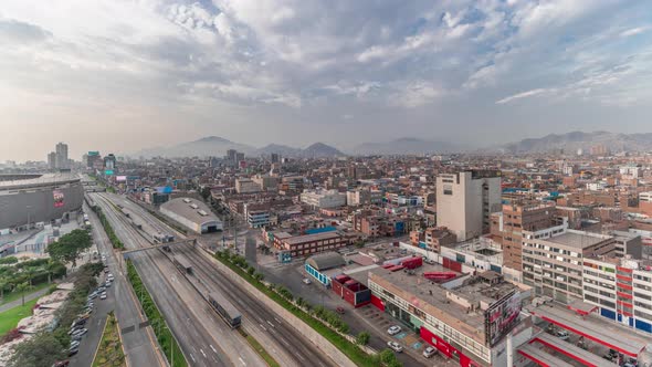 Aerial View of Via Expresa Highway and Metropolitan Bus with Traffic Timelapse