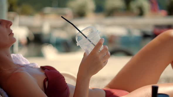 Girl Hiding From Sun Drinking Sipping For Healthy Refreshing Juice. Tourist Enjoying Tropical Mojito