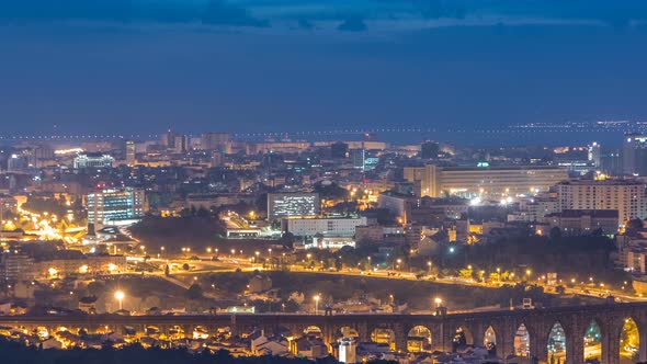 Panoramic View Over Lisbon and Almada From a Viewpoint in Monsanto Night to Day Timelapse