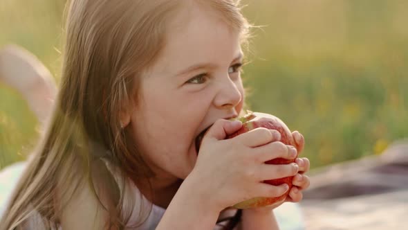 Little Cute Girl with Flowing Hair in a White Summer Dress Lying on a Green Lawn Eating an Apple