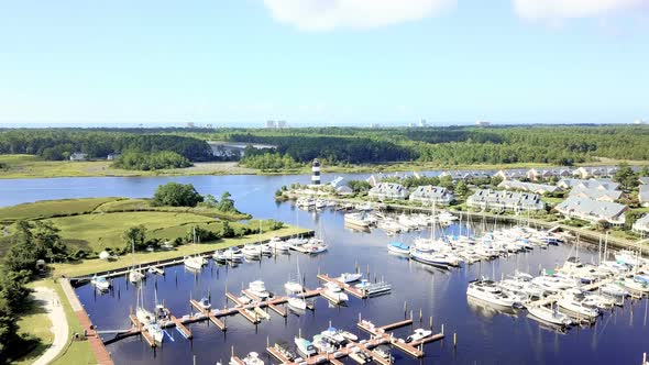 Aerial view of marina with lighthouse in South Carolina.