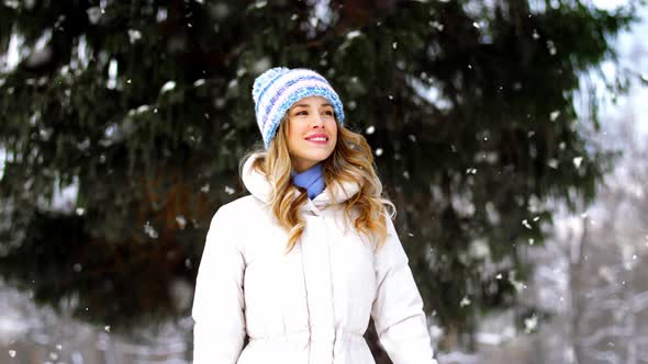 Happy Smiling Woman Walking Along Winter Park