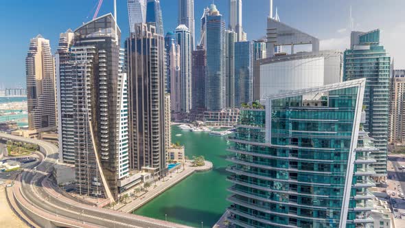 Aerial View of Dubai Marina Residential and Office Skyscrapers with Waterfront Timelapse