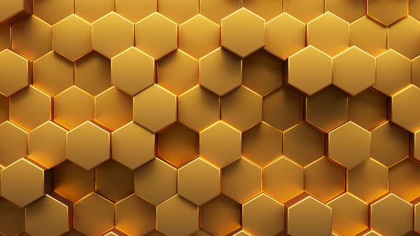 Animated abstract background of golden hexagon. 3d rendering