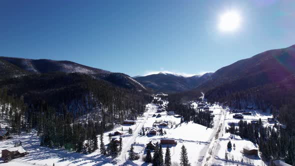 Drone shot overlooking a housing community in a valley on a sunny day