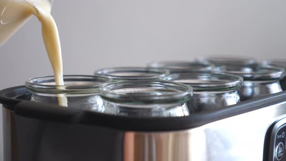 Pouring Soy Milk With Bacteria Cultures Into Yogurt Maker. Close-Up.