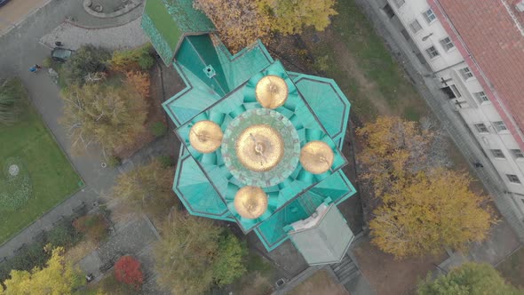 The Russian Church officially known as the Church of St Nicholas in Sofia, Bulgaria. Aerial Drone 4K