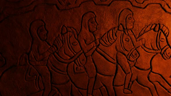 Old Carving Of Men Riding Horses Generic Historic Scene