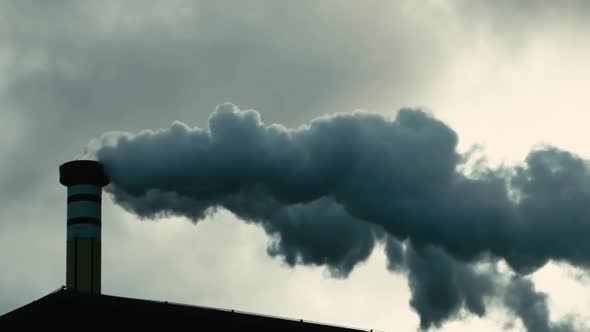 Thick White Smoke Emanates From a Chimney Against a Gloomy Dark Sky