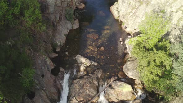 Aerial drone view of Fragas de Sao Simao waterfall