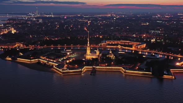 Aerial Night View of Peter and Paul Fortress