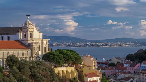 Lisbon During Sunset Aerial Panorama View of City Centre with Sophia De Mello Breyner Andresen at