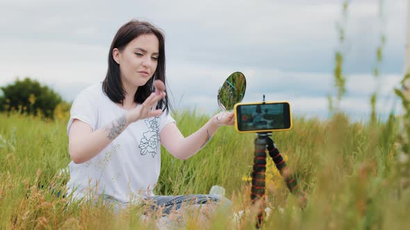 Beauty Blogger Influencer Young Woman Teenage Girl Record on Camera Tripod Daily Makeup Routine