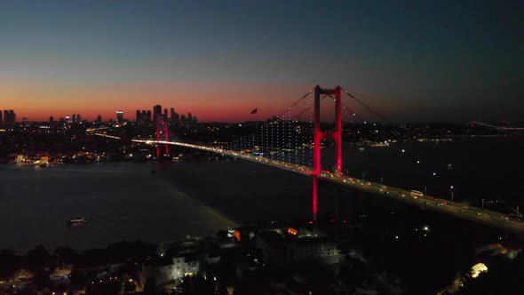 4k aerial view of Bosporus Bridge in Istanbul at night, 15 tammuz bridge