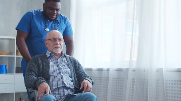 African-American caregiver and old disabled man in a wheelchair. Nurse and handicapped patient.