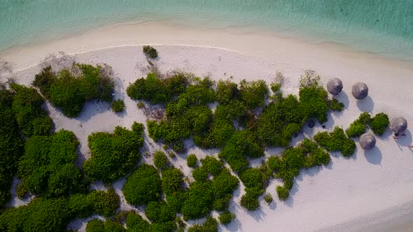 Aerial drone travel of marine lagoon beach by sea with sand background