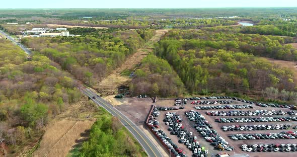 Over view panorama on many used cars parking a rows for auction lot terminal parked
