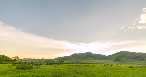 Mountain Meadow Timelapse at the Summer or Autumn Sunrise Time