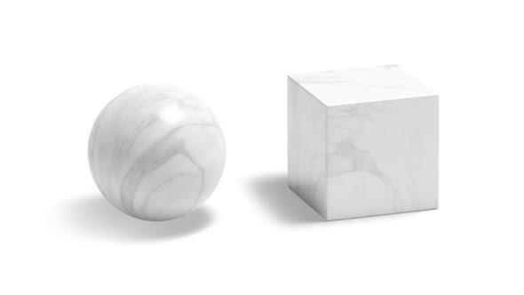 Blank white marble ball and cube, looped rotation