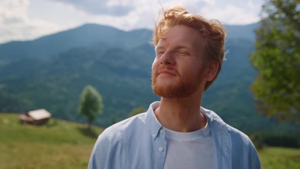 Young Man Bearded Face Looking Around Enjoying Mountains Landscape Close Up