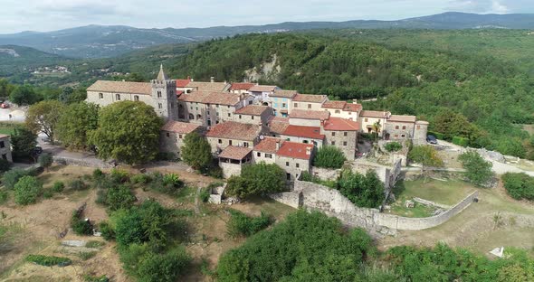 Aerial view of Hum, a small town on hilltop, Croatia.