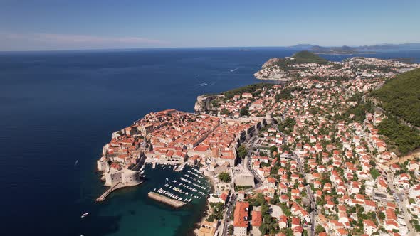 Aerial view of the old town Dubrovnik, blue sea and mountains, Croatia