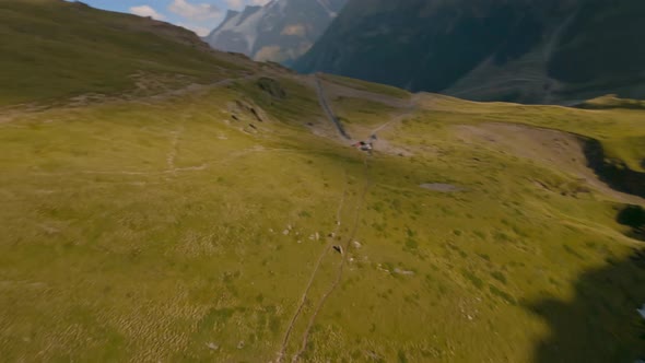 Aerial Panorama View Valley with Waterfall Between Cliffs Covered By Green Grass Nature Landscape