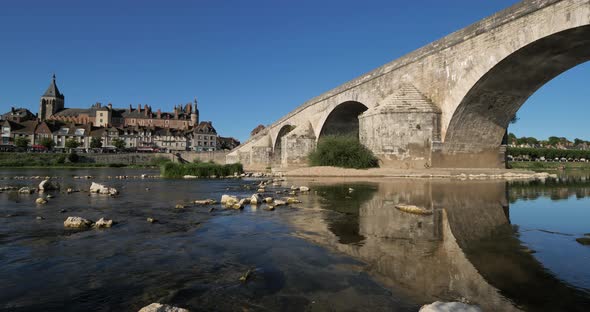 Gien, Loiret department, France. Low water level in the Loire river during a dryness season.