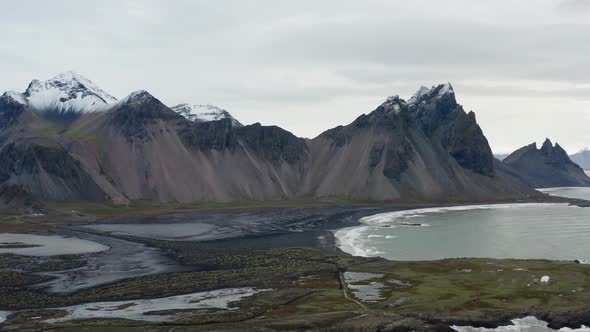 Drone Over Black Sand Beach And Vestrahorn Mountain