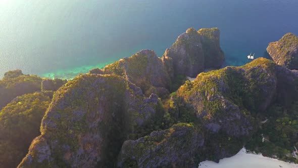 Aerial view of Phi Phi, Maya beach at sunset with Andaman sea in Phuket. Thailand