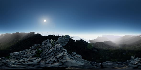 VR 360 Aerial Camera Moving Above Rocks