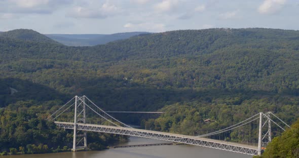 Lowering Aerial Shot of Bear Mountain and Bridge Over the Hudson River