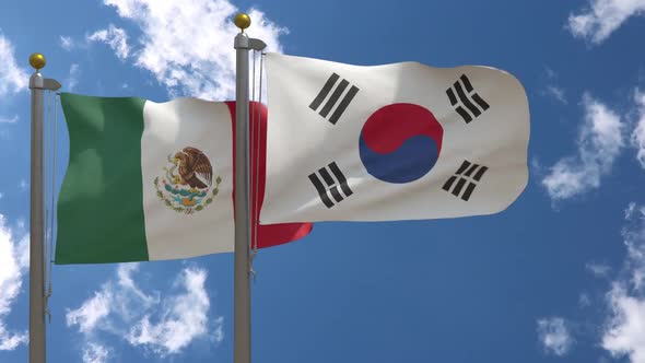 Mexico Flag Vs South Korea Flag On Flagpole