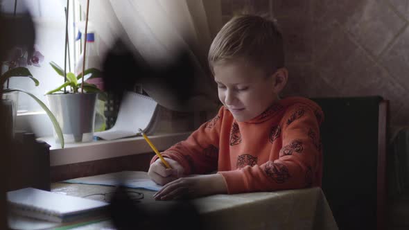 Portrait of Cute Caucasian Schoolboy Studying at Home. Little Boy Doing Homework and Smiling. Joy