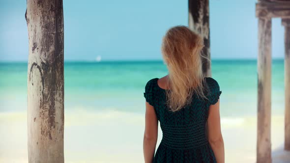 Woman Walking On Beach On Sea Amazing View.Stress Free Girl In Summertime Season Sundress Leisure.