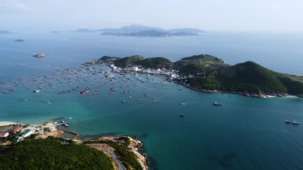 Aerial seascape of Binh Hung island Vietnam, tropical coastline ocean archipelago. Drone fly above N