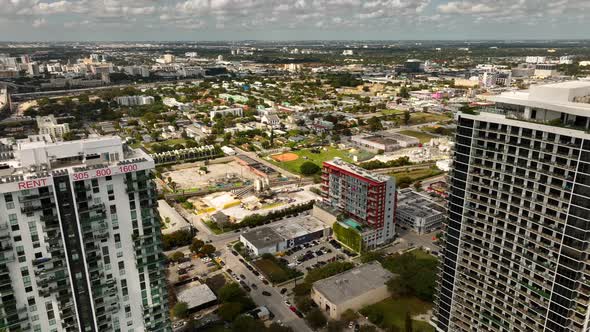 Drone Flying Above And Between Buildings In City Of Miami