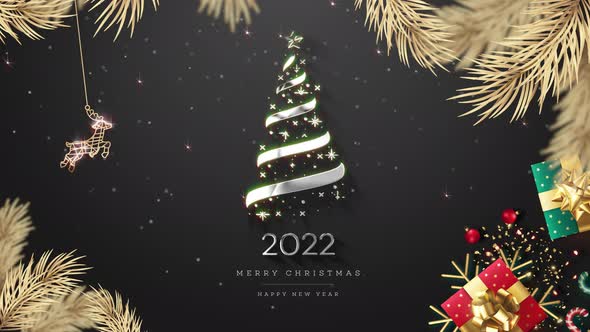 New Year Christmas Tree With Gift Black Background Loop