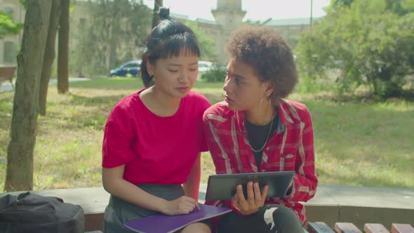 Pretty Multicultural Female College Students with Tablet Pc Studying Together