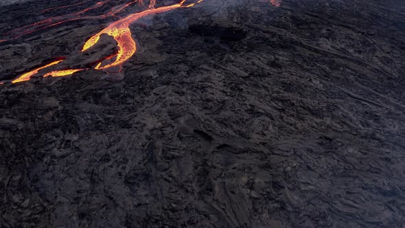 Lava Flows On Active Volcano - aerial drone shot