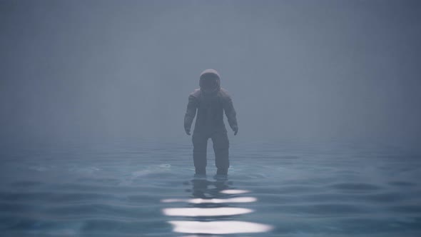 Astronaut in the ocean with foggy environment. Cosmonaut in the water surrounded by thin fog