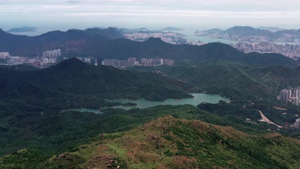 Aerial view of Shing Mun Country Park, near urban area.