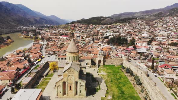 Panning Banner Aerial View Mtskheta  Cathedral And City Panorama