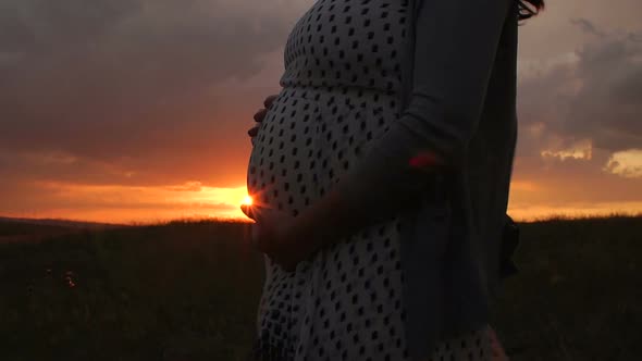 Silhouette of a Pregnant Girl at Sunset She Holds Her Hand on Her Stomach