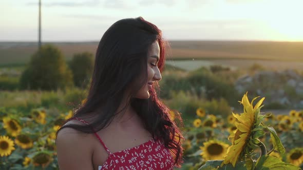 Pretty Brunette Poses with Sunflower Among Field and Smiles Cutiest at Camera