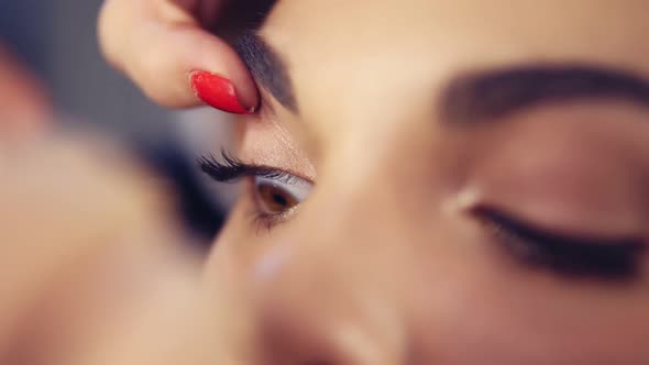Closeup View of Professional Makeup Artist Applying Mascara on the Model's Eyelashes